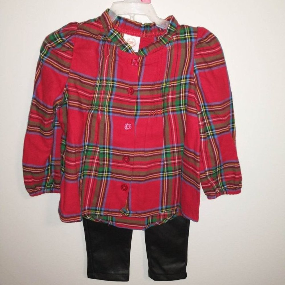 Wonder Nation toddler girl 18 month red plaid shirt  black pants K-055